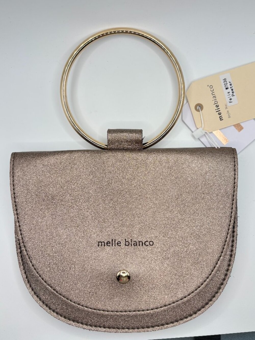 Melie Bianco Felix W7036 Pewter Vegan Leather Ring Handle Bag NWT